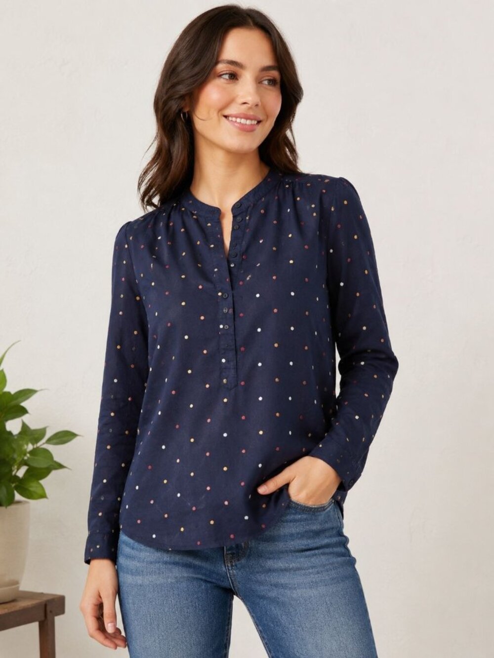 Lucky Brand Blue long-sleeve blouse embroidered multi-color polka dots henley